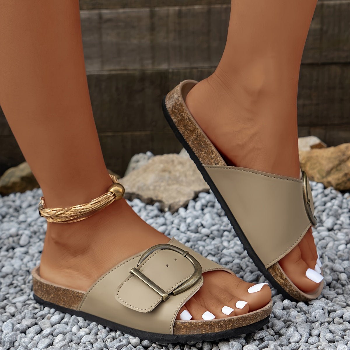 accessories - Chic Buckle Strap Slide Sandals - Comfortable, Lightweight, Open - Toe, Casual Summer Shoes with Flat Heel, Soft Insole, and Breathable Design for Women - Boho Eco Boutique™ - accessories - Boho Eco Boutique™ - Khaki Color - 6 - 