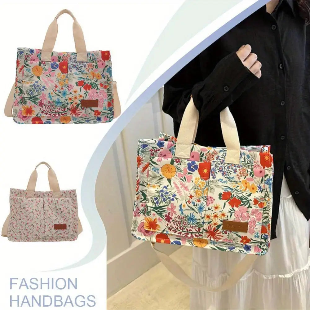 Chic Floral Nylon Tote Bag - Multi-Pocket Crossbody Shoulder Handbag with Magnetic Closure for Women - tote bag