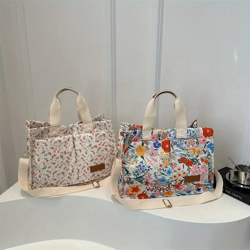 Chic Floral Nylon Tote Bag - Multi-Pocket Crossbody Shoulder Handbag with Magnetic Closure for Women - tote bag