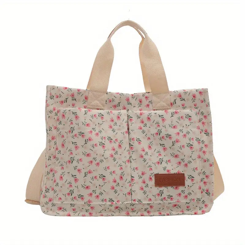 Chic Floral Nylon Tote Bag - Multi-Pocket Crossbody Shoulder Handbag with Magnetic Closure for Women - White - tote bag
