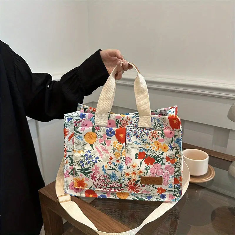 Chic Floral Nylon Tote Bag - Multi-Pocket Crossbody Shoulder Handbag with Magnetic Closure for Women - tote bag