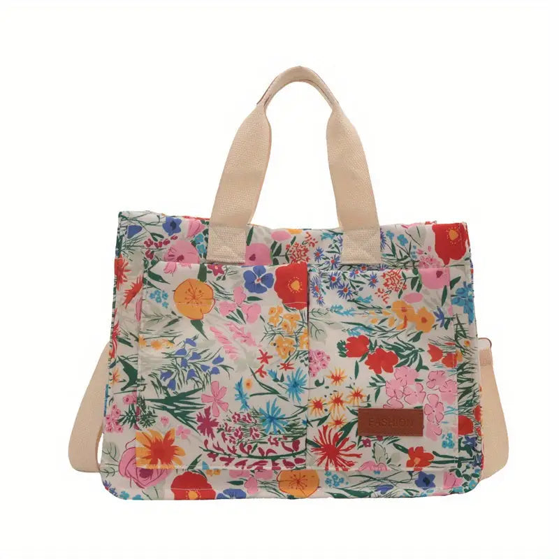 Chic Floral Nylon Tote Bag - Multi-Pocket Crossbody Shoulder Handbag with Magnetic Closure for Women - Red - tote bag