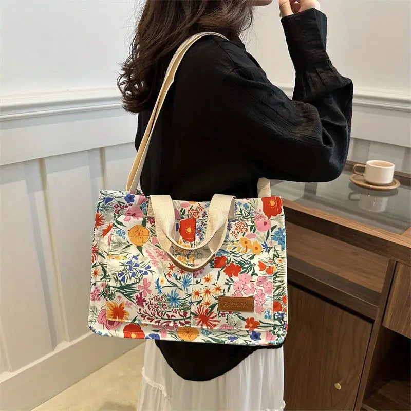 Chic Floral Nylon Tote Bag - Multi-Pocket Crossbody Shoulder Handbag with Magnetic Closure for Women - tote bag