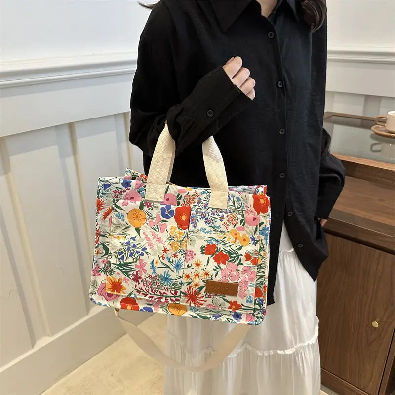 Chic Floral Nylon Tote Bag - Multi-Pocket Crossbody Shoulder Handbag with Magnetic Closure for Women - tote bag
