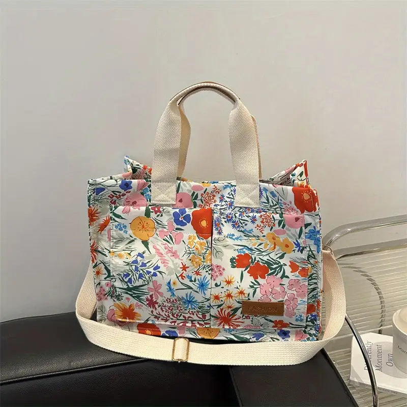 Chic Floral Nylon Tote Bag - Multi-Pocket Crossbody Shoulder Handbag with Magnetic Closure for Women - tote bag