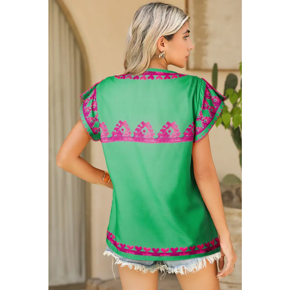 Chic Rose Boho Abstract Print Blouse with Split Cap Sleeves - Perfect for Casual Days and Stylish Evenings - Blouses