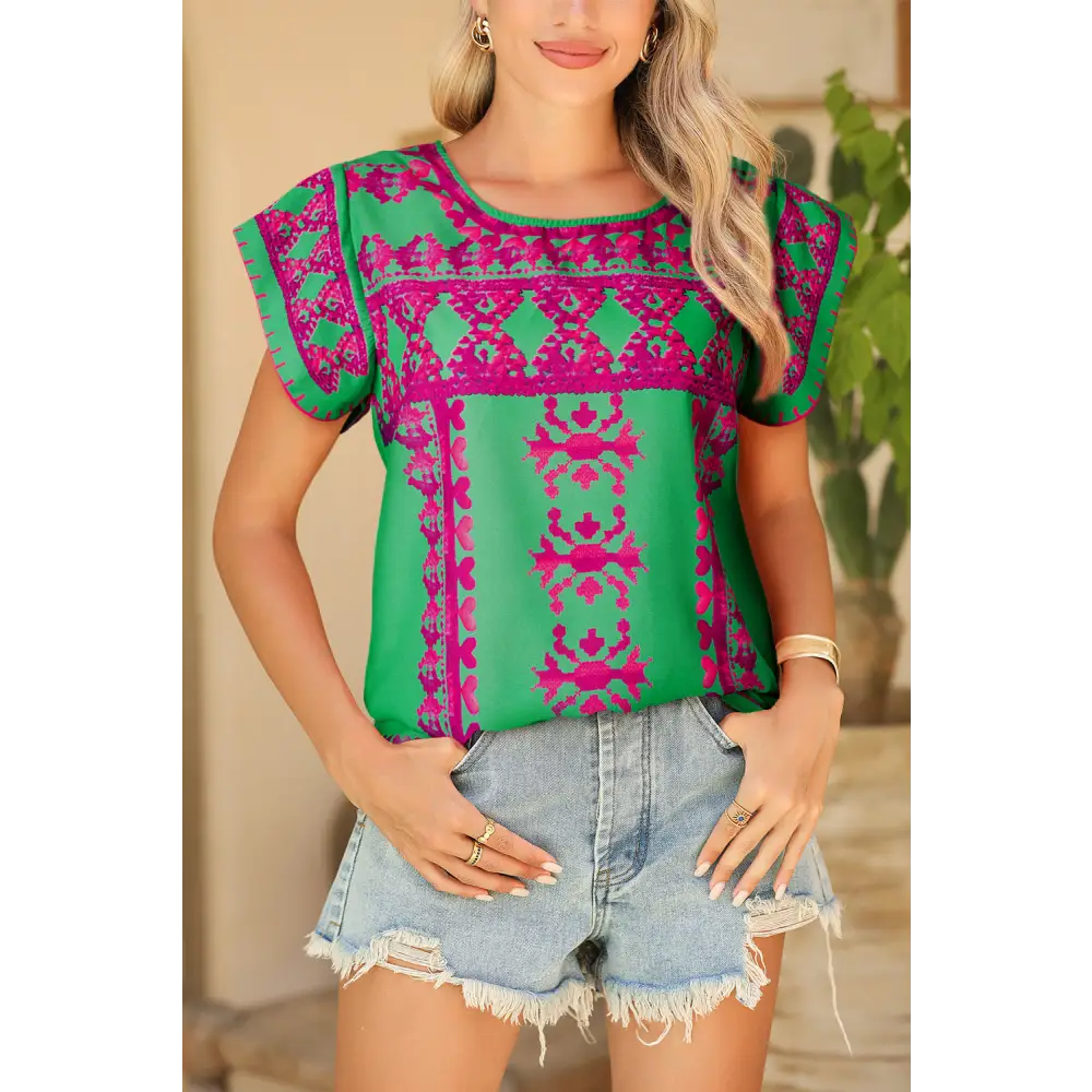 Chic Rose Boho Abstract Print Blouse with Split Cap Sleeves - Perfect for Casual Days and Stylish Evenings - Rose / S