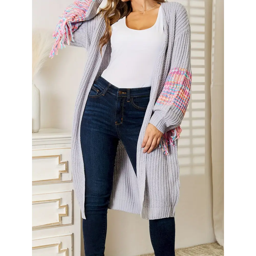 Color Block Open Front Cardigans Casual Tassel Decor Long Sleeve Knitted Cardigans Top For Spring & Fall Women’s