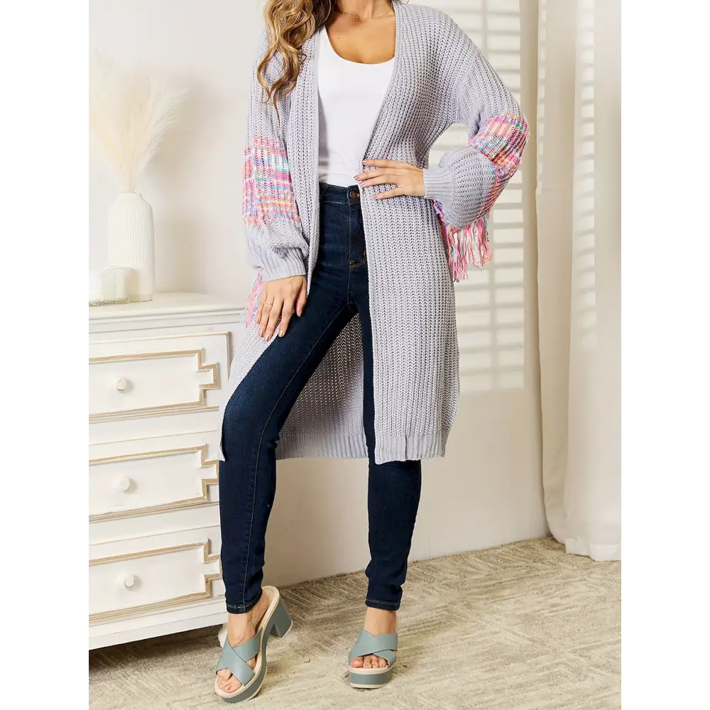 Color Block Open Front Cardigans Casual Tassel Decor Long Sleeve Knitted Cardigans Top For Spring & Fall Women’s