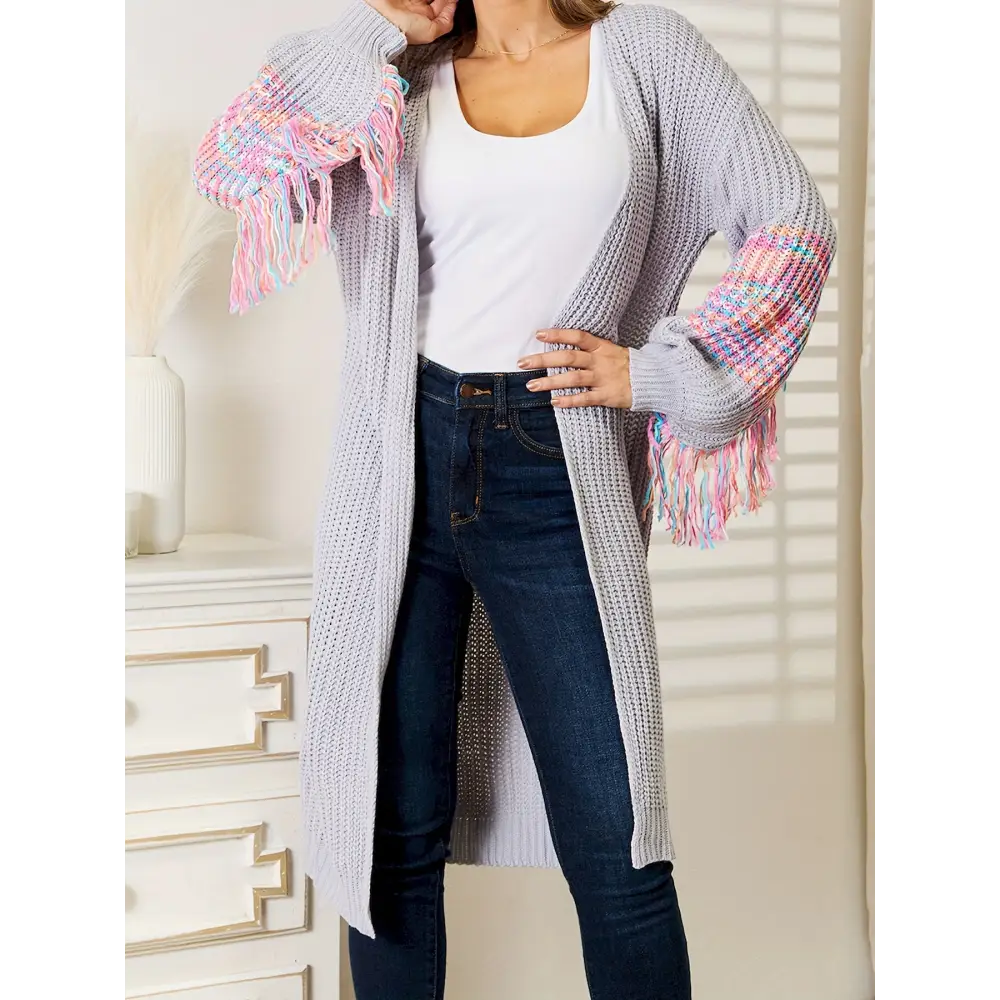 Color Block Open Front Cardigans Casual Tassel Decor Long Sleeve Knitted Cardigans Top For Spring & Fall Women’s