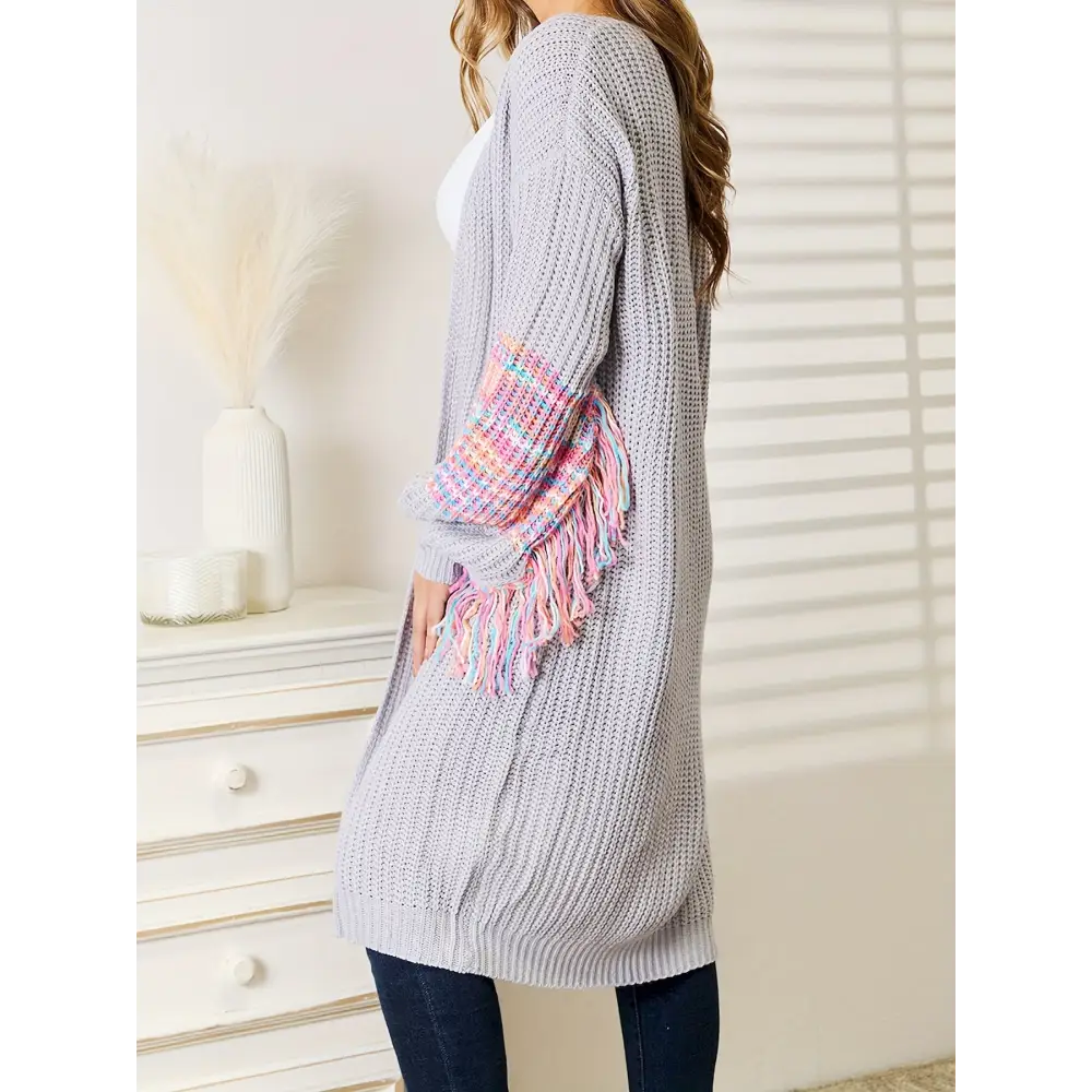 Color Block Open Front Cardigans Casual Tassel Decor Long Sleeve Knitted Cardigans Top For Spring & Fall Women’s