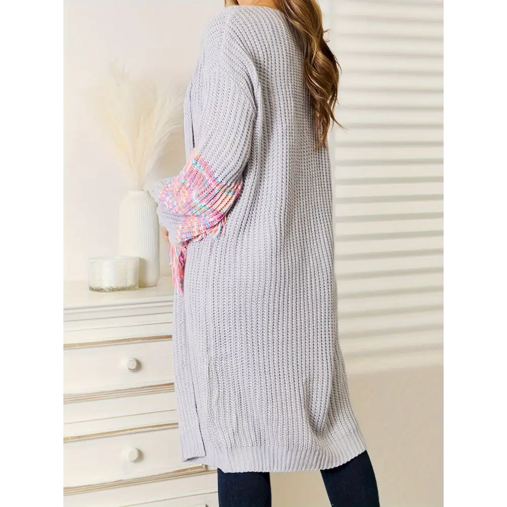 Color Block Open Front Cardigans Casual Tassel Decor Long Sleeve Knitted Cardigans Top For Spring & Fall Women’s