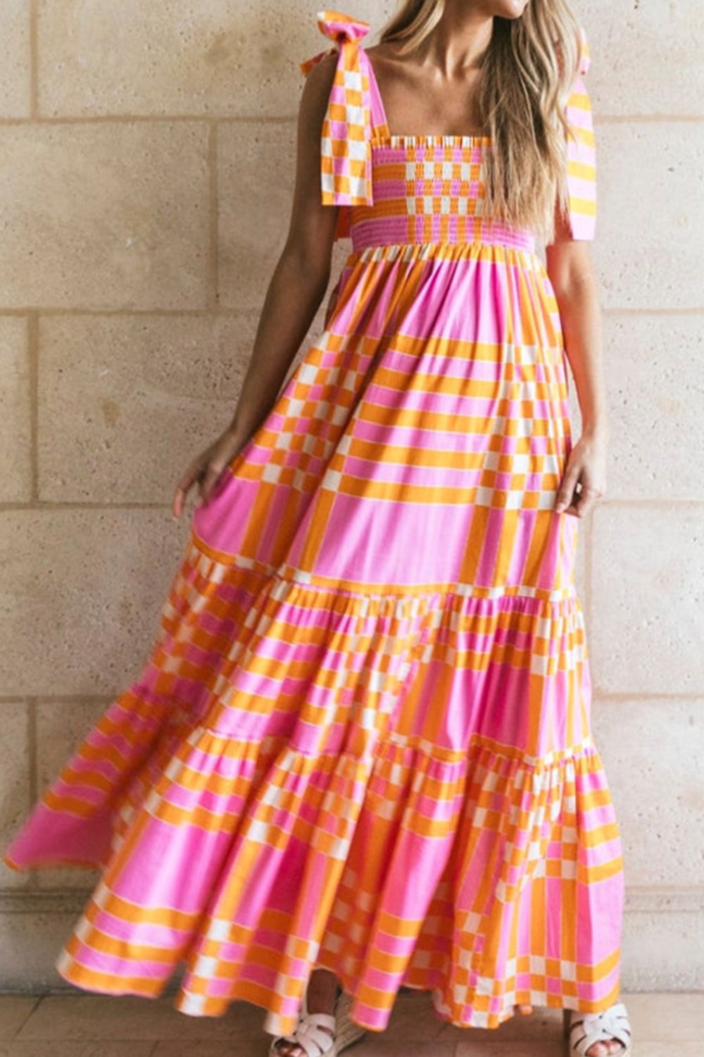 Dress - Color Block Tie Shoulder Smocked Dress - Boho Chic, Flowy & Stylish - Boho Eco Boutique™ - Boho Eco Boutique™ - 100100539991660 - Pink - S - 