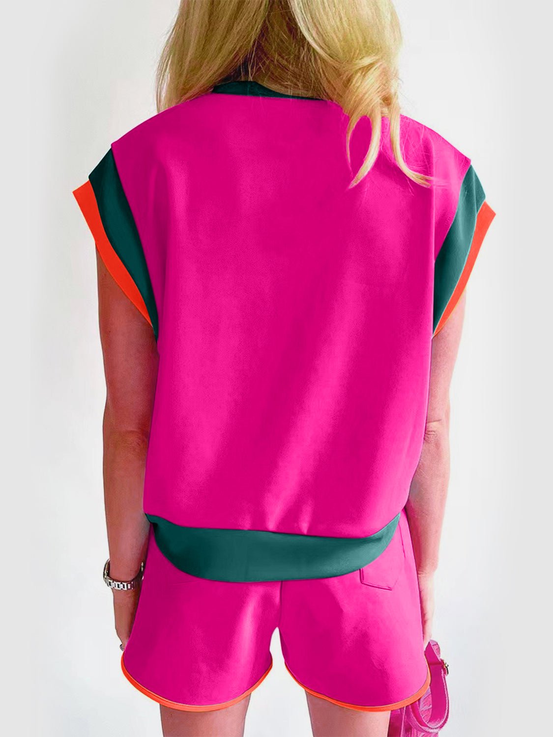  - Contrast Round Neck Top and Shorts Set - Sports and Outdoors, Casual Two - Piece Outfit - Boho Eco Boutique™ - Boho Eco Boutique™ - 100100391911773 - Hot Pink - S - 