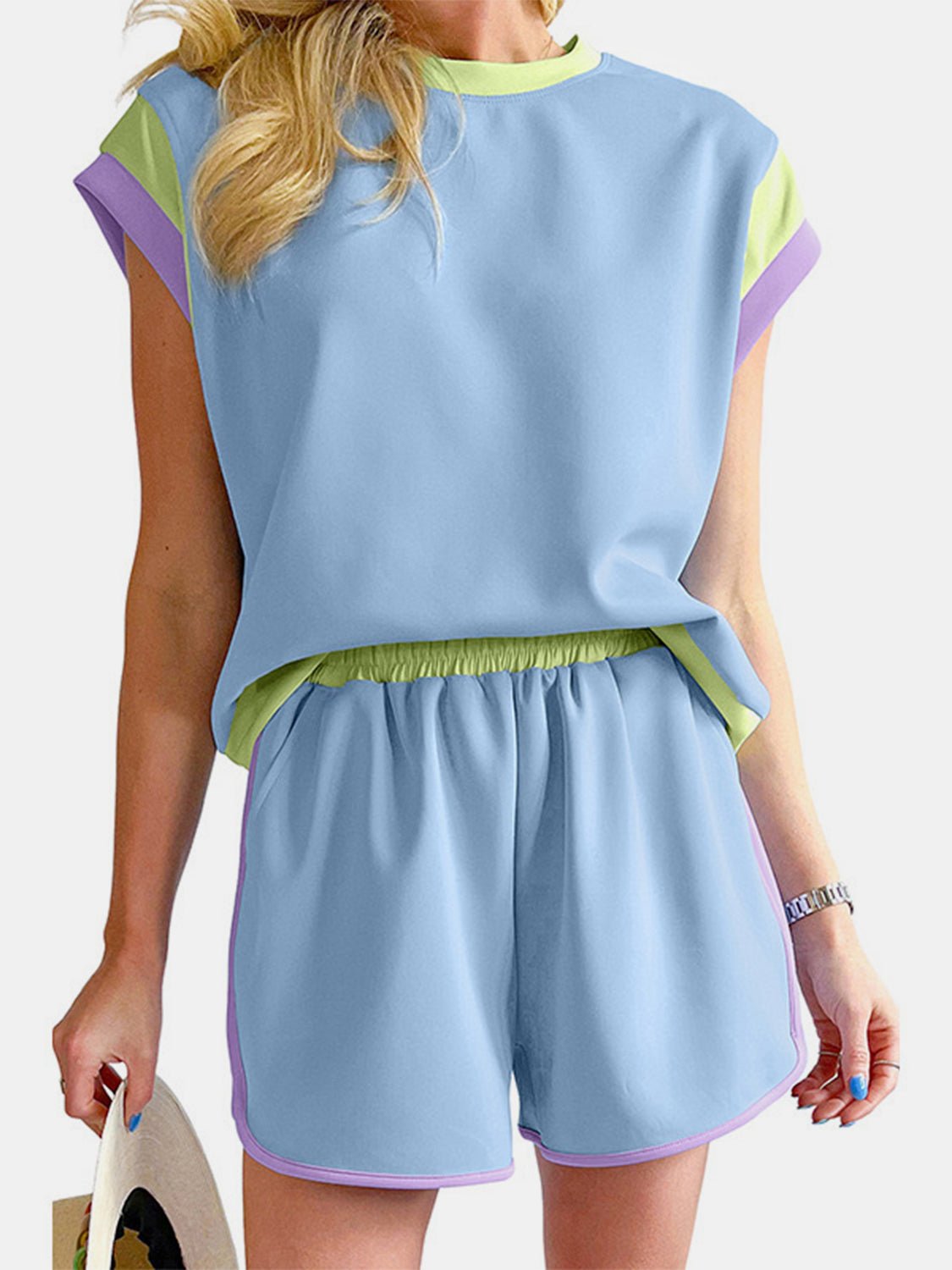  - Contrast Round Neck Top and Shorts Set - Sports and Outdoors, Casual Two - Piece Outfit - Boho Eco Boutique™ - Boho Eco Boutique™ - 100100391916119 - Light Blue - S - 