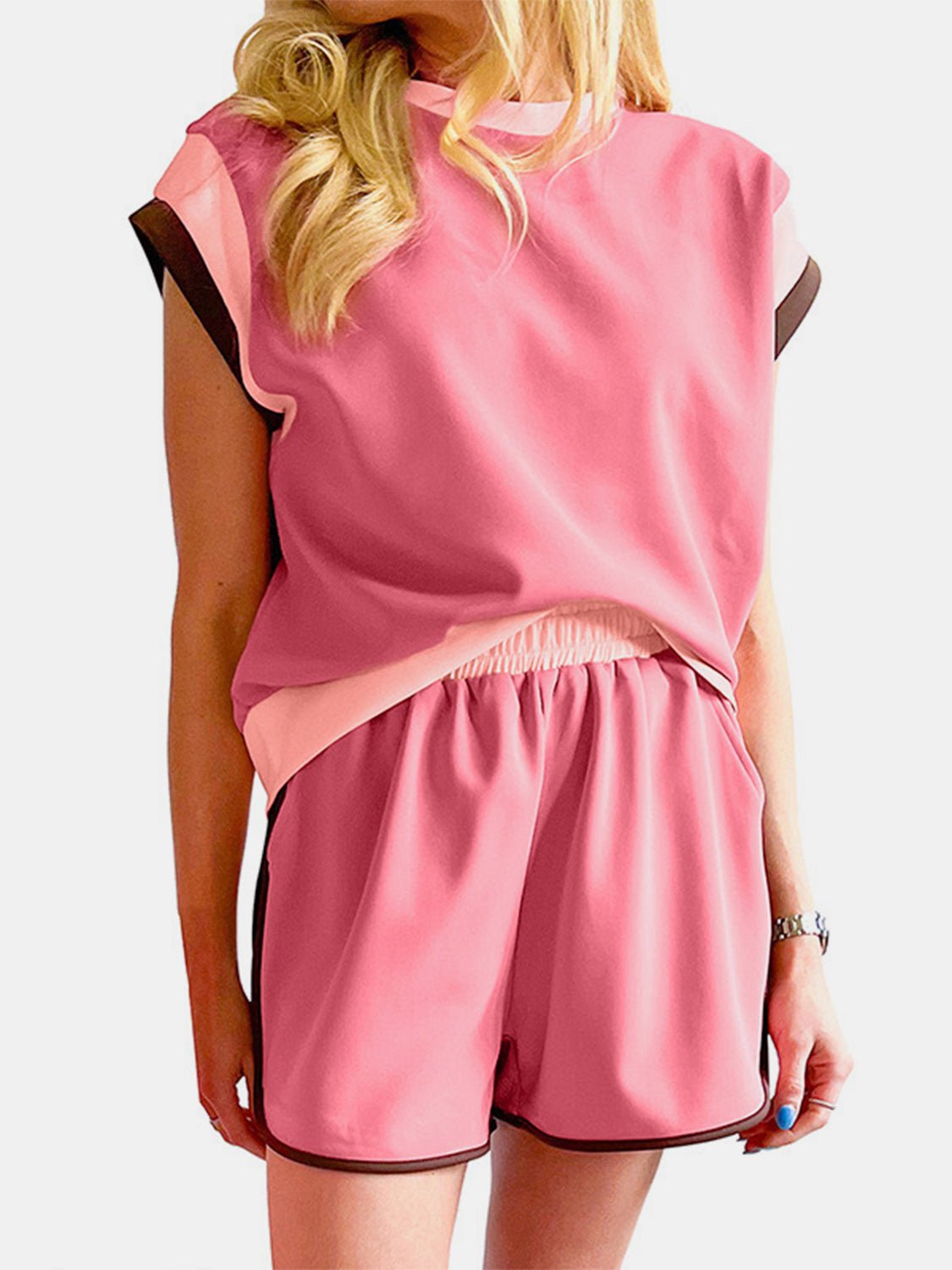  - Contrast Round Neck Top and Shorts Set - Sports and Outdoors, Casual Two - Piece Outfit - Boho Eco Boutique™ - Boho Eco Boutique™ - 100100391911198 - Coral - S - 