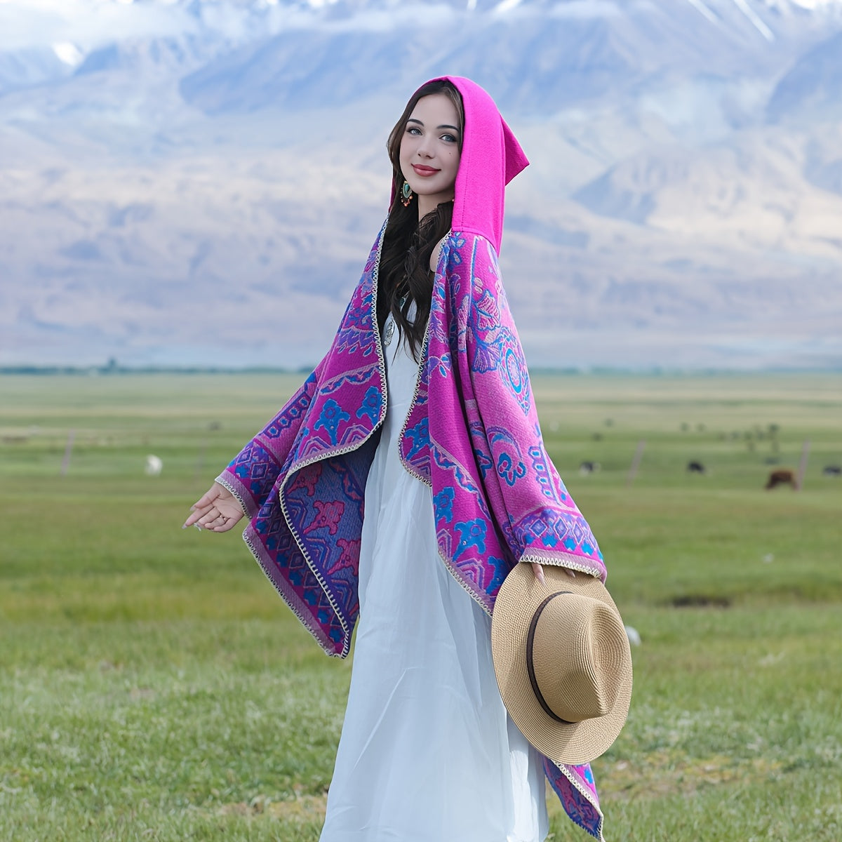 Bohemian Style Women's Shawl – Vintage Patterned Fashion Poncho with Hood