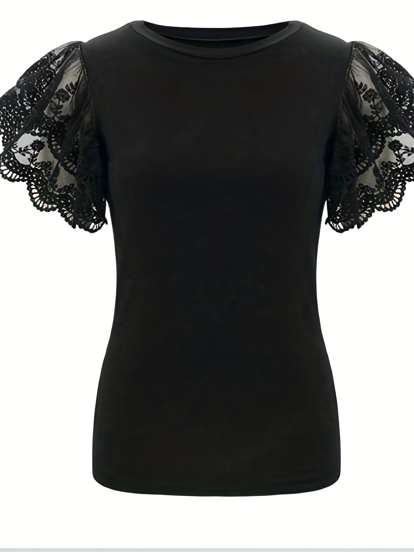 Women's Chic Lace Flutter Sleeve T-Shirt - Soft Cotton Blend, Slim Fit Crew Neck for Elegant Casual Style, Fall, Spring & Summer Essential