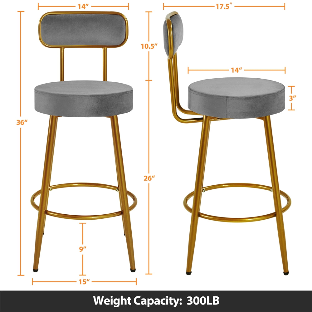 Set of 2 Velvet Bar Stools - 26'' Height with Backrest and Footrest, Modern Upholstered Counter Height Chairs for Kitchen, Dining, or Bar