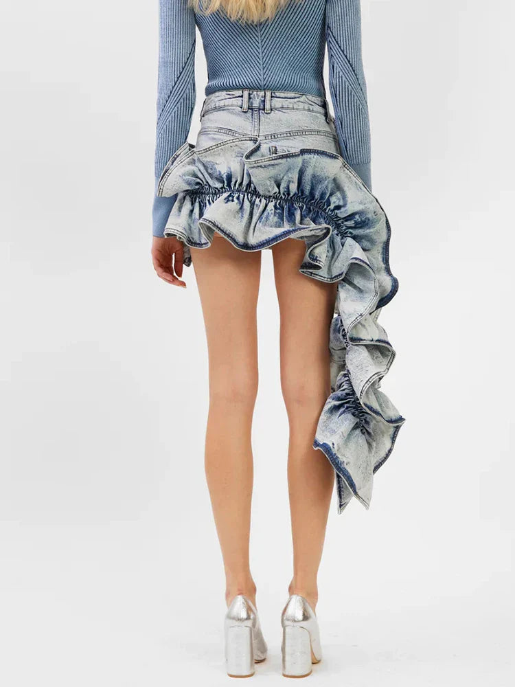 Denim Skirts for Women - High Waist Patchwork Ruffles Irregular Slimming Skirt - Fashionable & Trendy - Mini Skirt