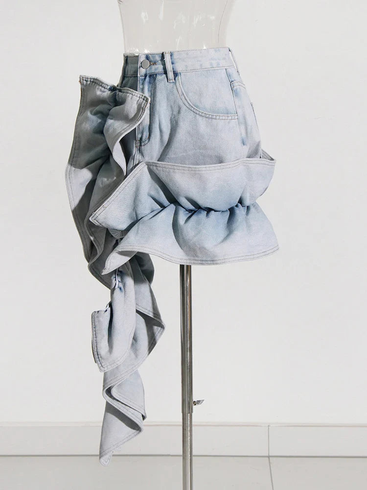 Denim Skirts for Women - High Waist Patchwork Ruffles Irregular Slimming Skirt - Fashionable & Trendy - Mini Skirt