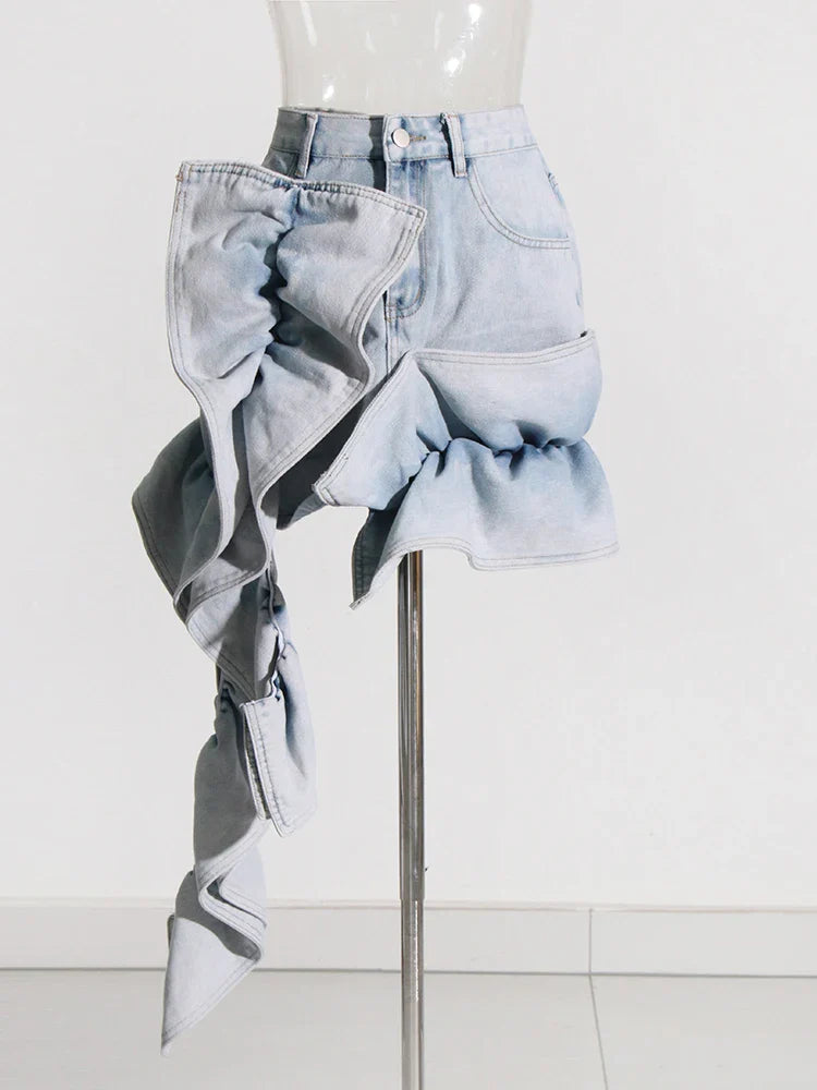 Denim Skirts for Women - High Waist Patchwork Ruffles Irregular Slimming Skirt - Fashionable & Trendy - Mini Skirt
