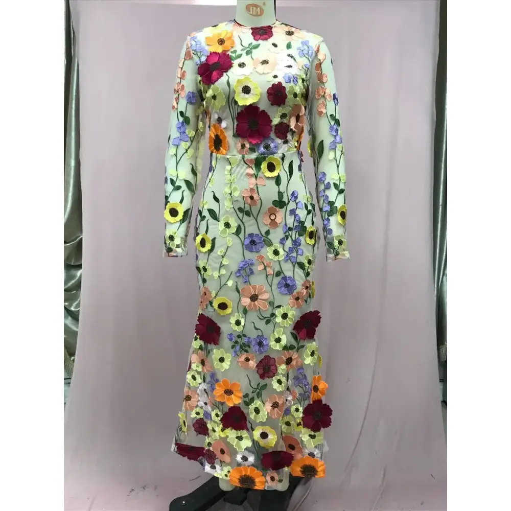 Designer 3D Flower Embroidery Lace Evening Holiday Prom Dress Women Formal Occasion Bodycon Long Sleeve Midi Party