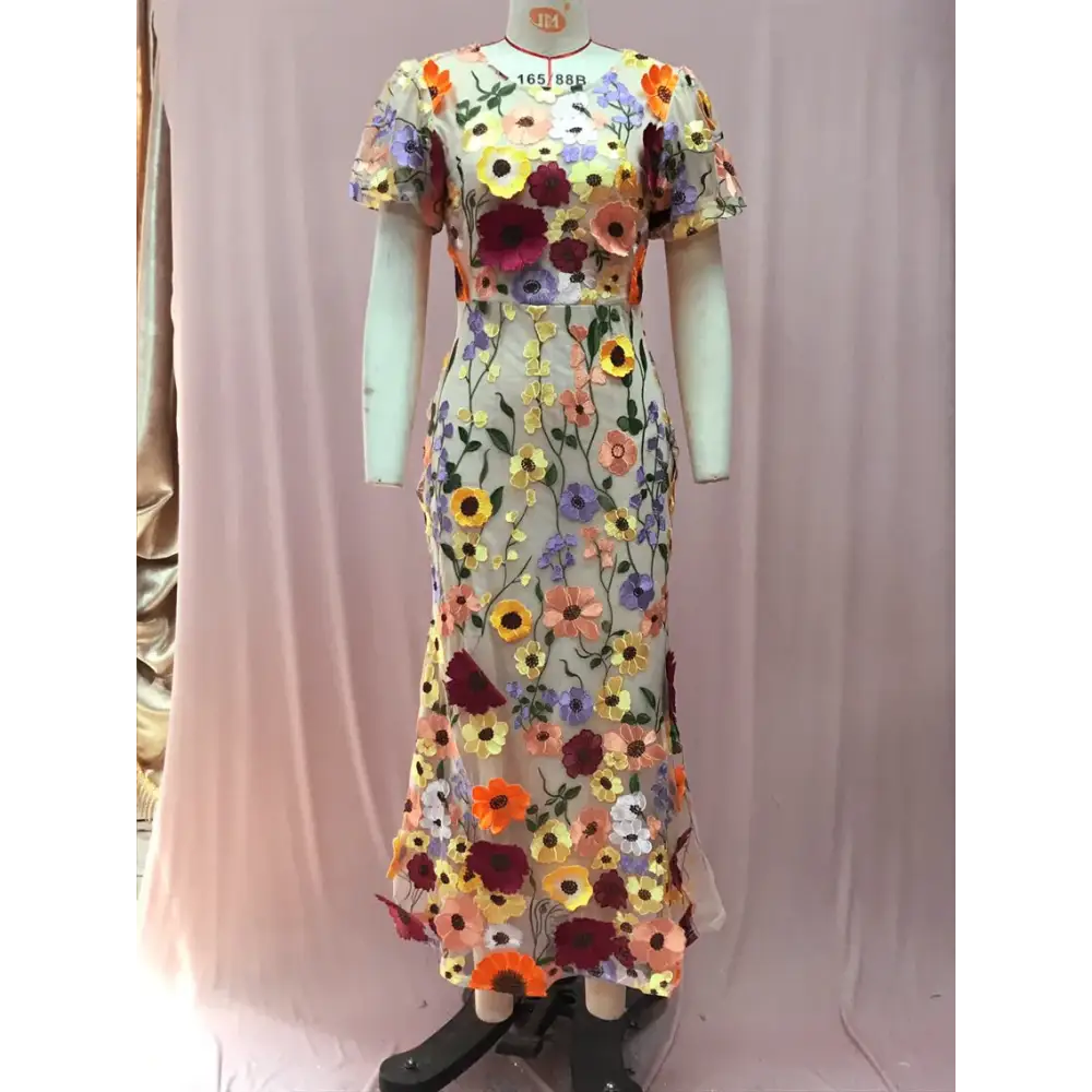 Designer 3D Flower Embroidery Lace Evening Holiday Prom Dress Women Formal Occasion Bodycon Long Sleeve Midi Party