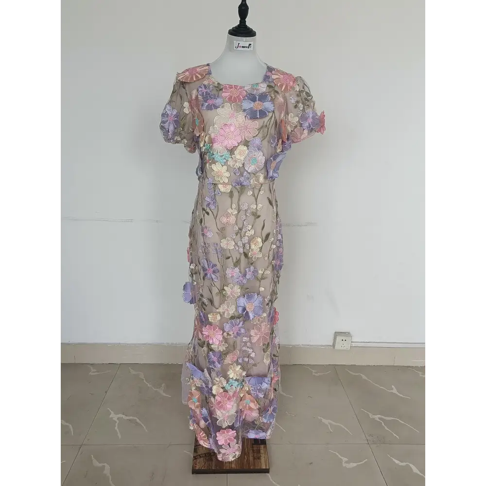 Designer 3D Flower Embroidery Lace Evening Holiday Prom Dress Women Formal Occasion Bodycon Long Sleeve Midi Party