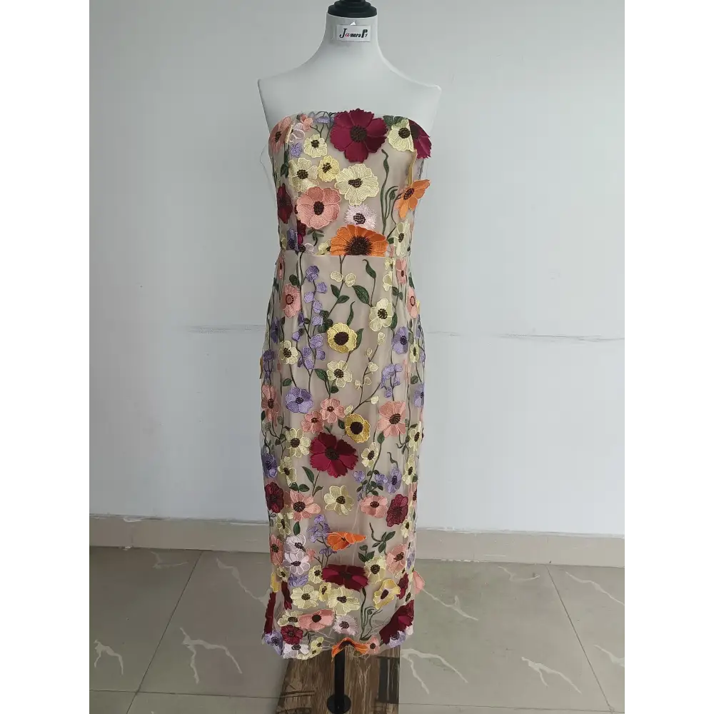 Designer 3D Flower Embroidery Lace Evening Holiday Prom Dress Women Formal Occasion Bodycon Long Sleeve Midi Party