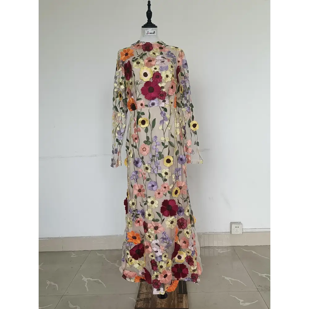 Designer 3D Flower Embroidery Lace Evening Holiday Prom Dress Women Formal Occasion Bodycon Long Sleeve Midi Party
