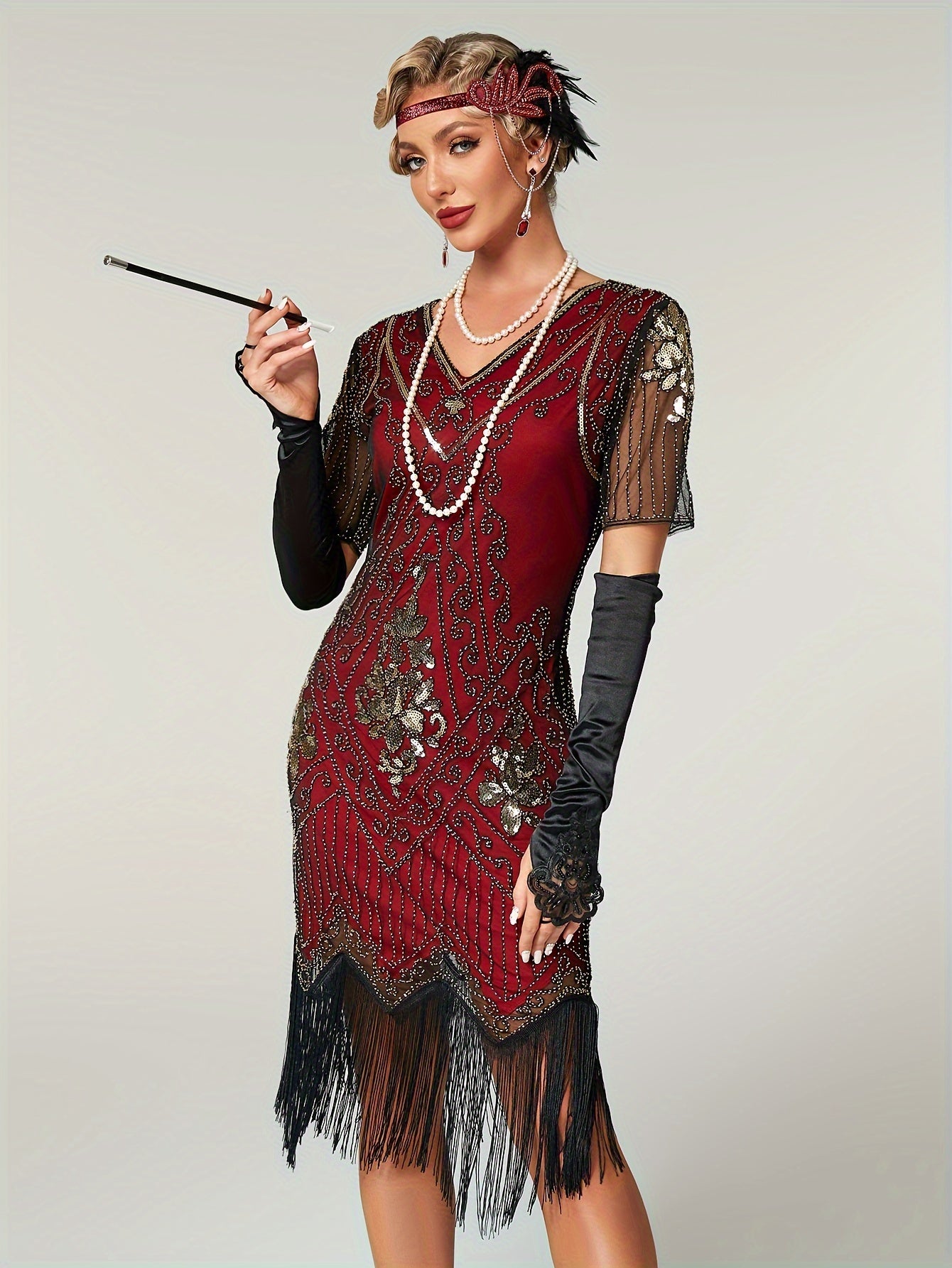 Retro Short Sequin Flapper Dress - V-Neck Slim Fit with Illusion Sleeves & Fringe Detail, Women's Vintage-Inspired Party Clothing