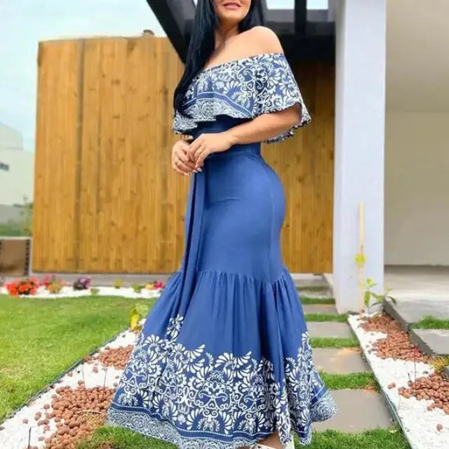 Eco-Chic Tribal Print Off The Shoulders Maxi Dress – Sustainable Vacation Style for Free-Spirit Boho Women