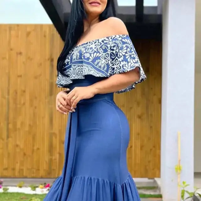 Eco-Chic Tribal Print Off The Shoulders Maxi Dress – Sustainable Vacation Style for Free-Spirit Boho Women