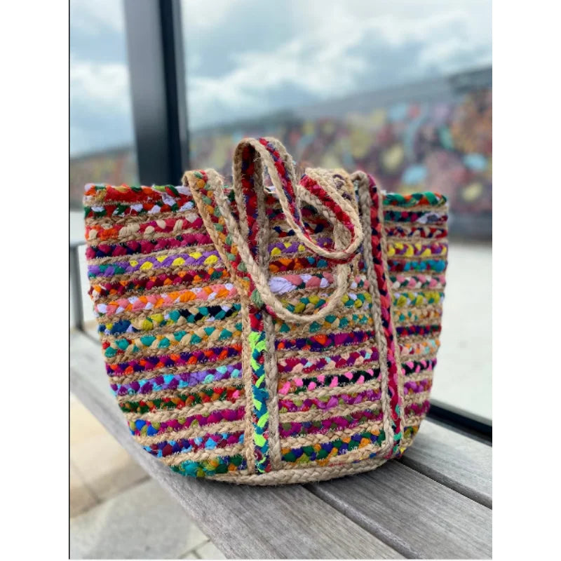 Eco-Friendly Handmade Jute Cotton Braided Beach Tote Bag with Wide Storage Space – Woven Handbag for Travel and Packing
