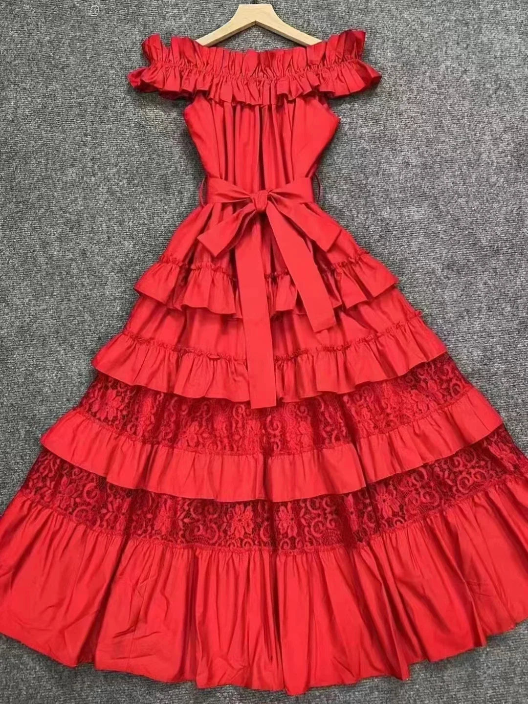 Elegant Boho Lace Cake Dress – Women’s 2023 Summer Maxi Party Gown with Ruffles & Slash Neck - S / red chest 110cm