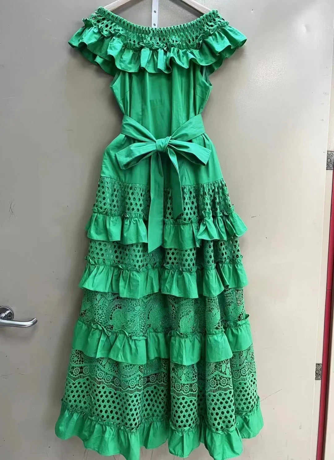 Elegant Boho Lace Cake Dress – Women’s 2023 Summer Maxi Party Gown with Ruffles & Slash Neck - XL / green - Maxi Dress