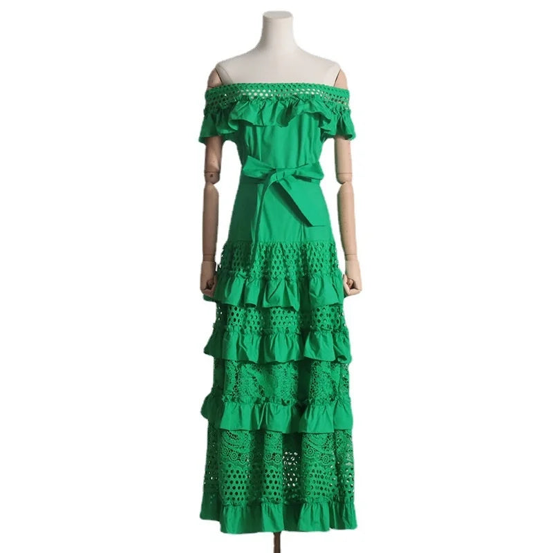 Elegant Boho Lace Cake Dress – Women’s 2023 Summer Maxi Party Gown with Ruffles & Slash Neck - Maxi Dress