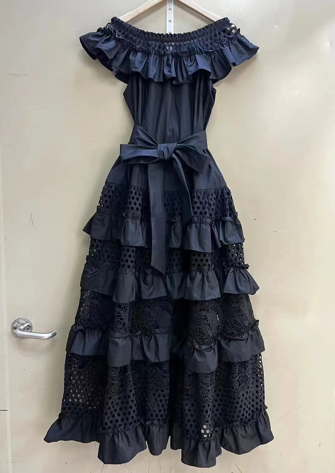 Elegant Boho Lace Cake Dress – Women’s 2023 Summer Maxi Party Gown with Ruffles & Slash Neck - M / black - Maxi Dress