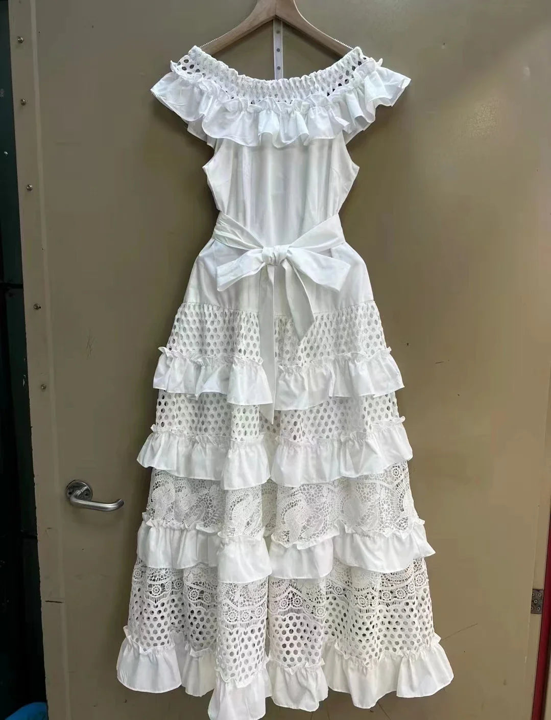 Elegant Boho Lace Cake Dress – Women’s 2023 Summer Maxi Party Gown with Ruffles & Slash Neck - M / white1 - Maxi Dress