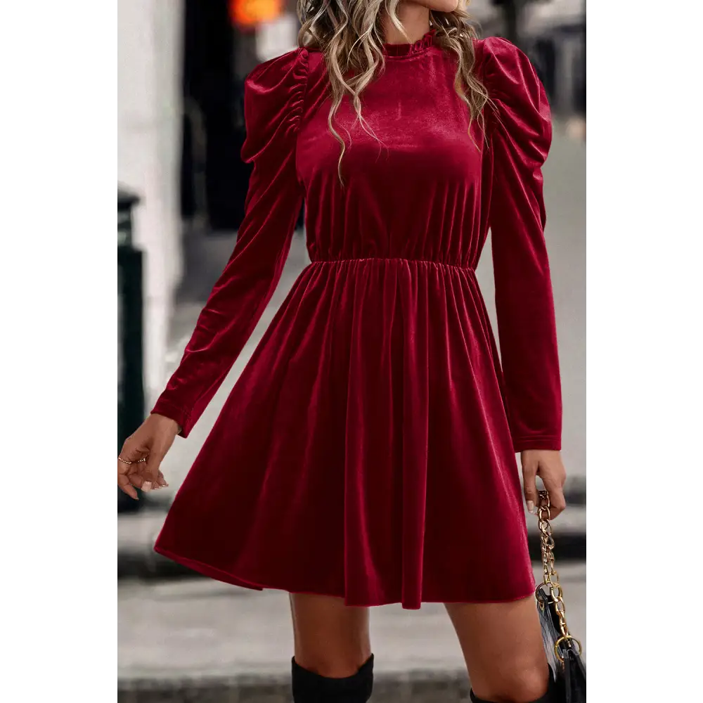 Elegant Chestnut Velvet Swing Dress with Frilled Neck and Gigot Sleeves - Perfect for Autumn Events and Holiday