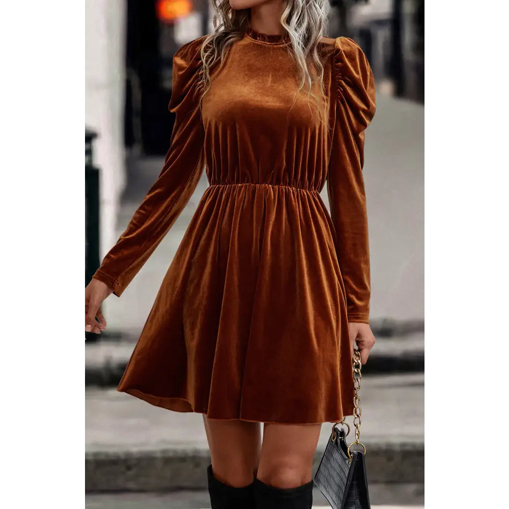 Elegant Chestnut Velvet Swing Dress with Frilled Neck and Gigot Sleeves - Perfect for Autumn Events and Holiday