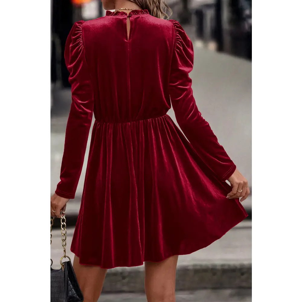 Elegant Chestnut Velvet Swing Dress with Frilled Neck and Gigot Sleeves - Perfect for Autumn Events and Holiday