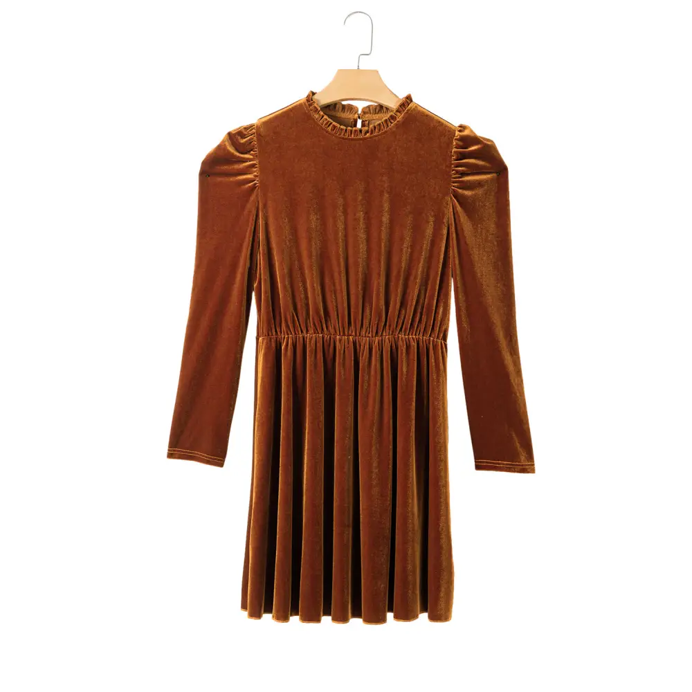Elegant Chestnut Velvet Swing Dress with Frilled Neck and Gigot Sleeves - Perfect for Autumn Events and Holiday