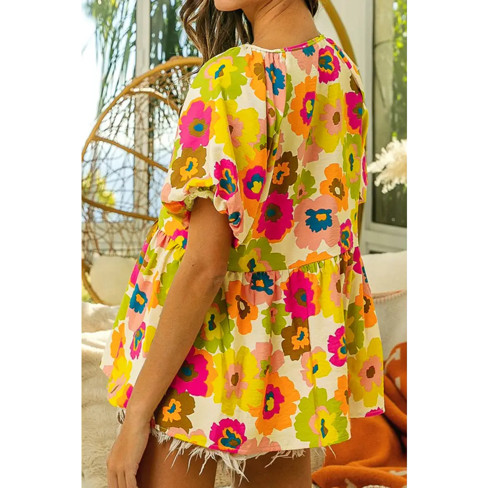Elegant Green Floral Print Peplum Blouse with Puff Sleeves - Perfect for Work or Weekend Wear - Blouses