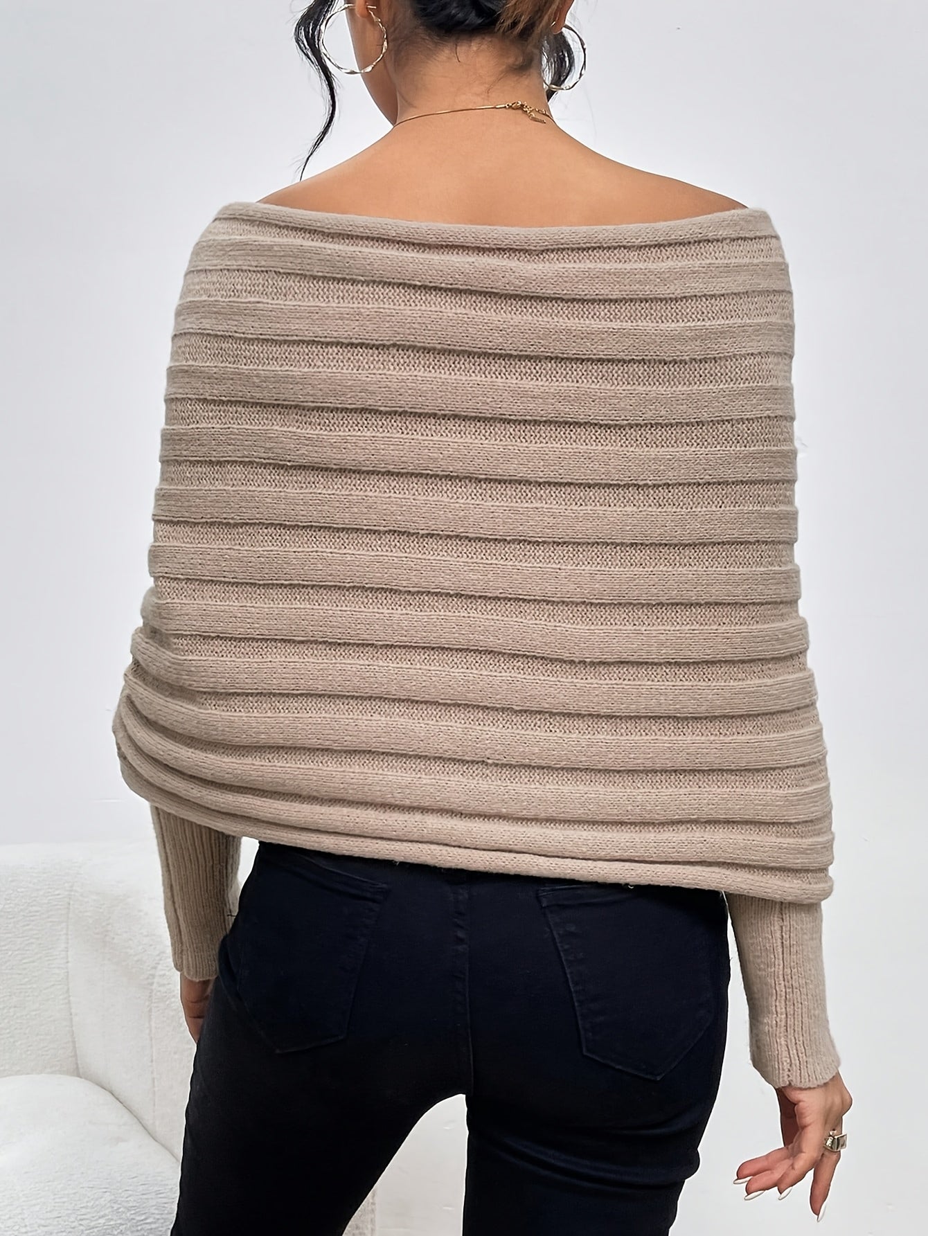 Elegant Off-Shoulder Cross Neck Sweater – Chic Long Sleeve Knit Pullover - Sweaters