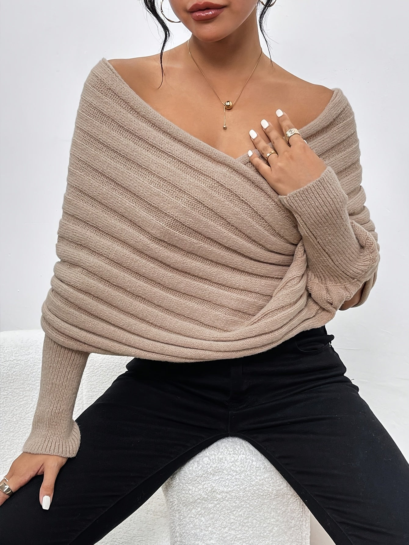 Elegant Off-Shoulder Cross Neck Sweater – Chic Long Sleeve Knit Pullover - Sweaters