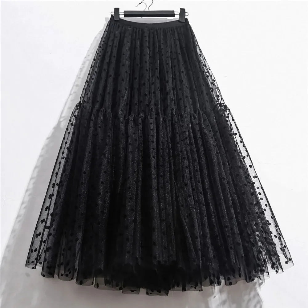 Elegant Polka Dot Tulle Skirt - Women’s Casual Elastic High Waist A-Line Midi Skirt Princess-Inspired Mesh Pleated