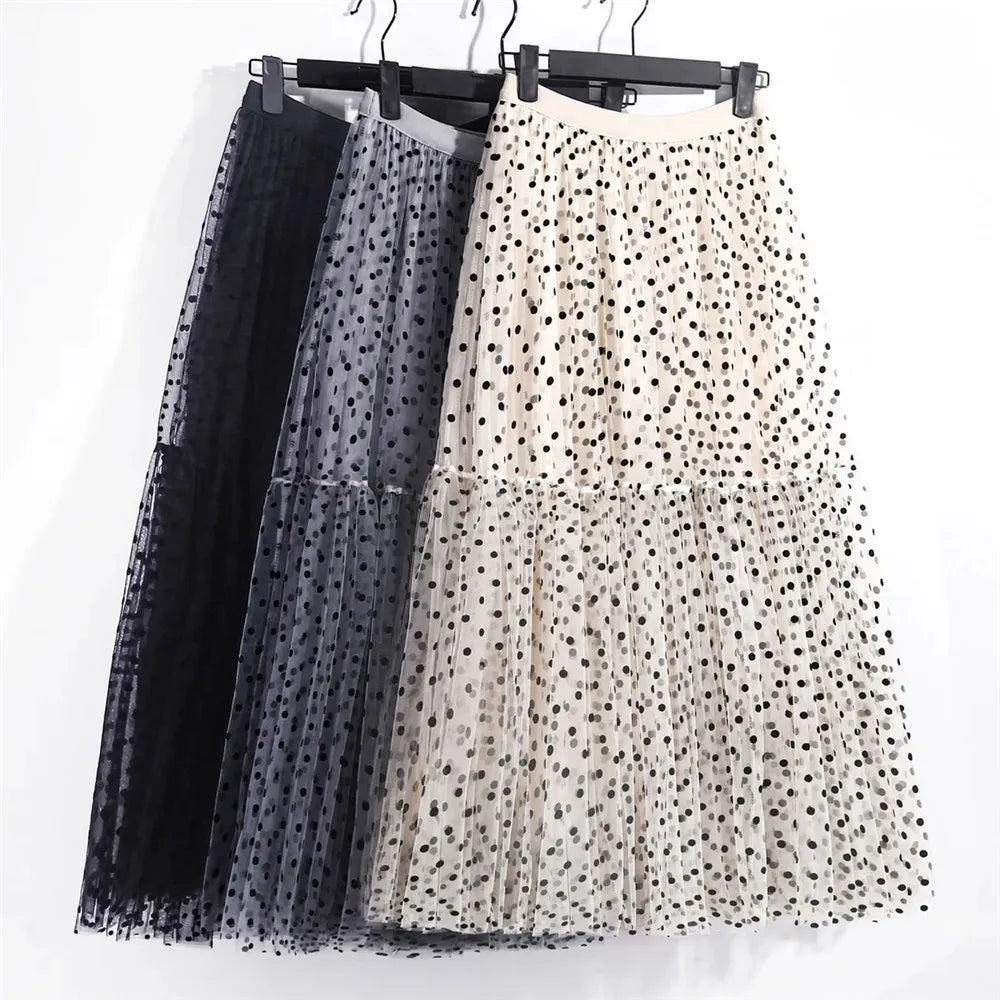 Elegant Polka Dot Tulle Skirt - Women’s Casual Elastic High Waist A-Line Midi Skirt Princess-Inspired Mesh Pleated