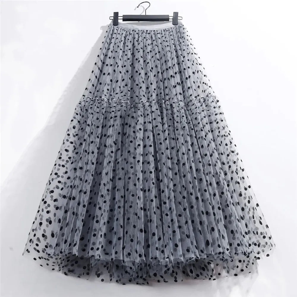Elegant Polka Dot Tulle Skirt - Women’s Casual Elastic High Waist A-Line Midi Skirt Princess-Inspired Mesh Pleated
